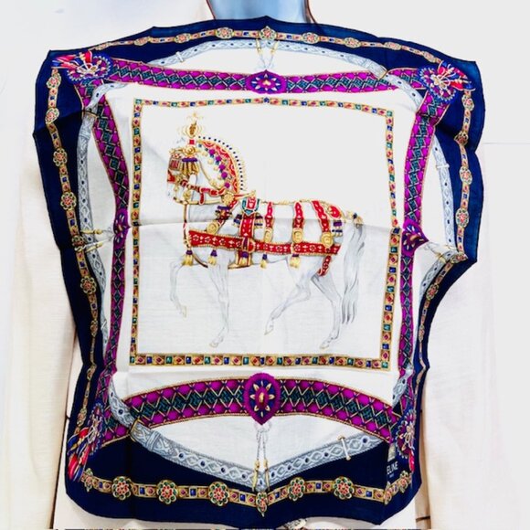 New Celine Paris Mini Scarf cotton/silk 20" beige blue horse bow logo (62) - Picture 9 of 10